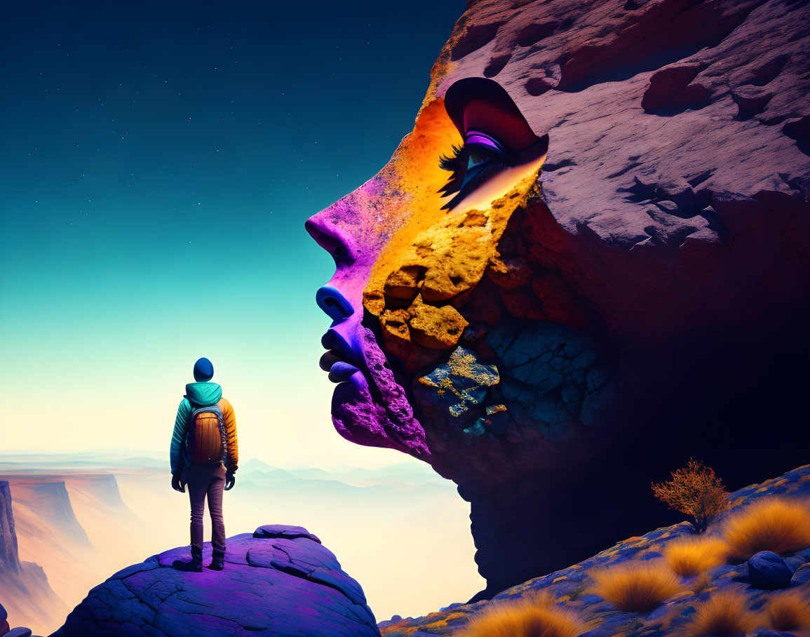 Person standing on rock in front of colorful face profile in surreal landscape