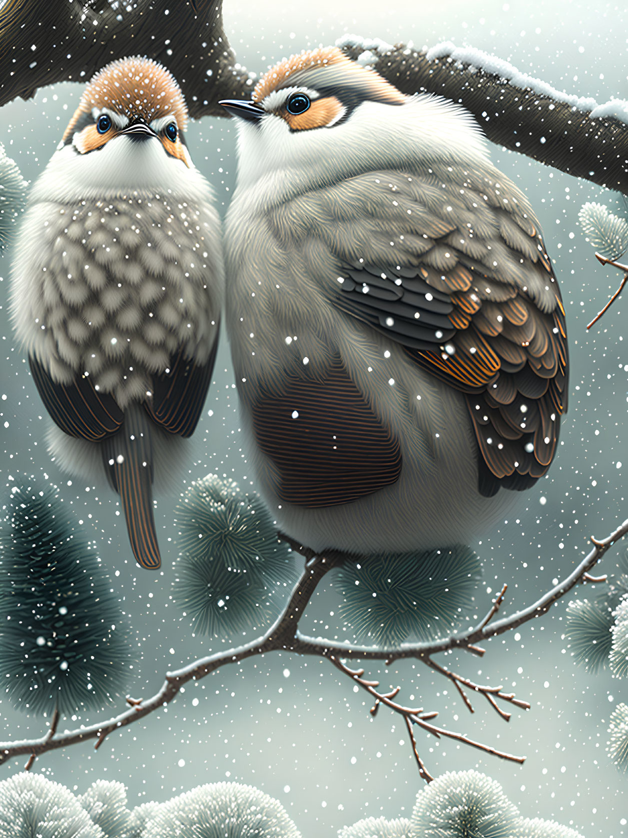 Brown and White Birds on Snowy Branch with Pine Trees and Snowflakes