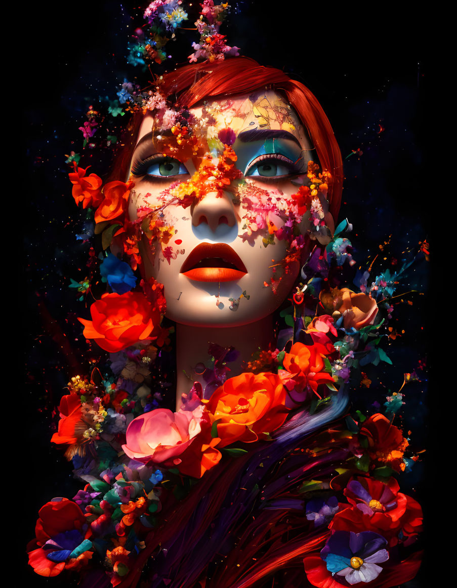 Colorful digital artwork: Woman's face with red hair and flowers