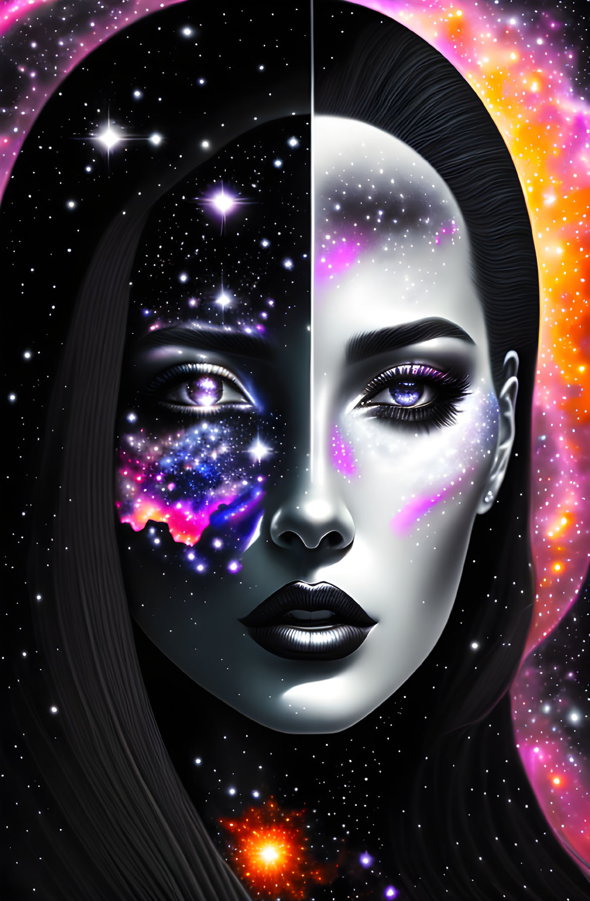 Digital artwork: Woman's face split in half, one realistic, the other cosmic with stars and neb