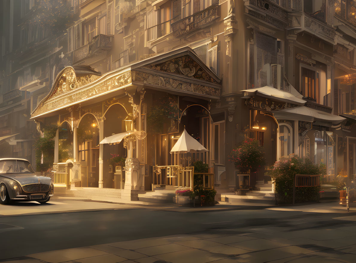 Vintage architecture, luxury car, and ambient lights in elegant dusk street scene