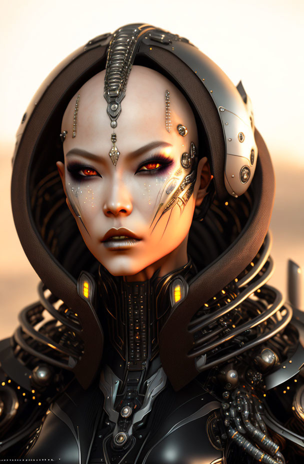 Detailed Portrait of Female Futuristic Android with Glowing Eyes and Black Helmet