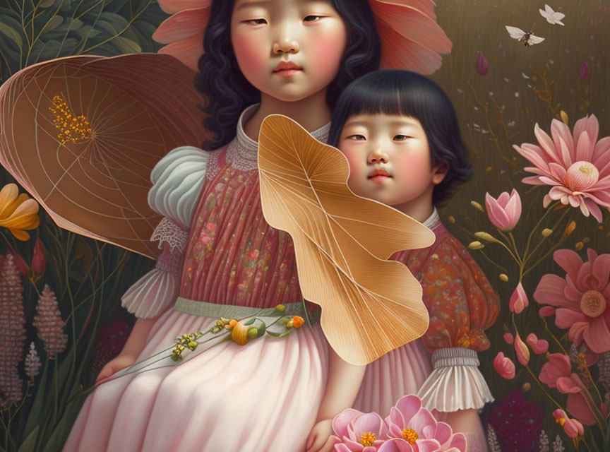 Children with flowers and butterflies in stylized painting.