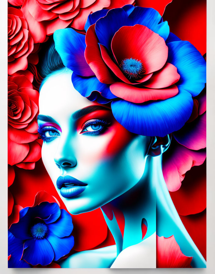 Colorful portrait of woman with blue skin and oversized flowers in vibrant hues