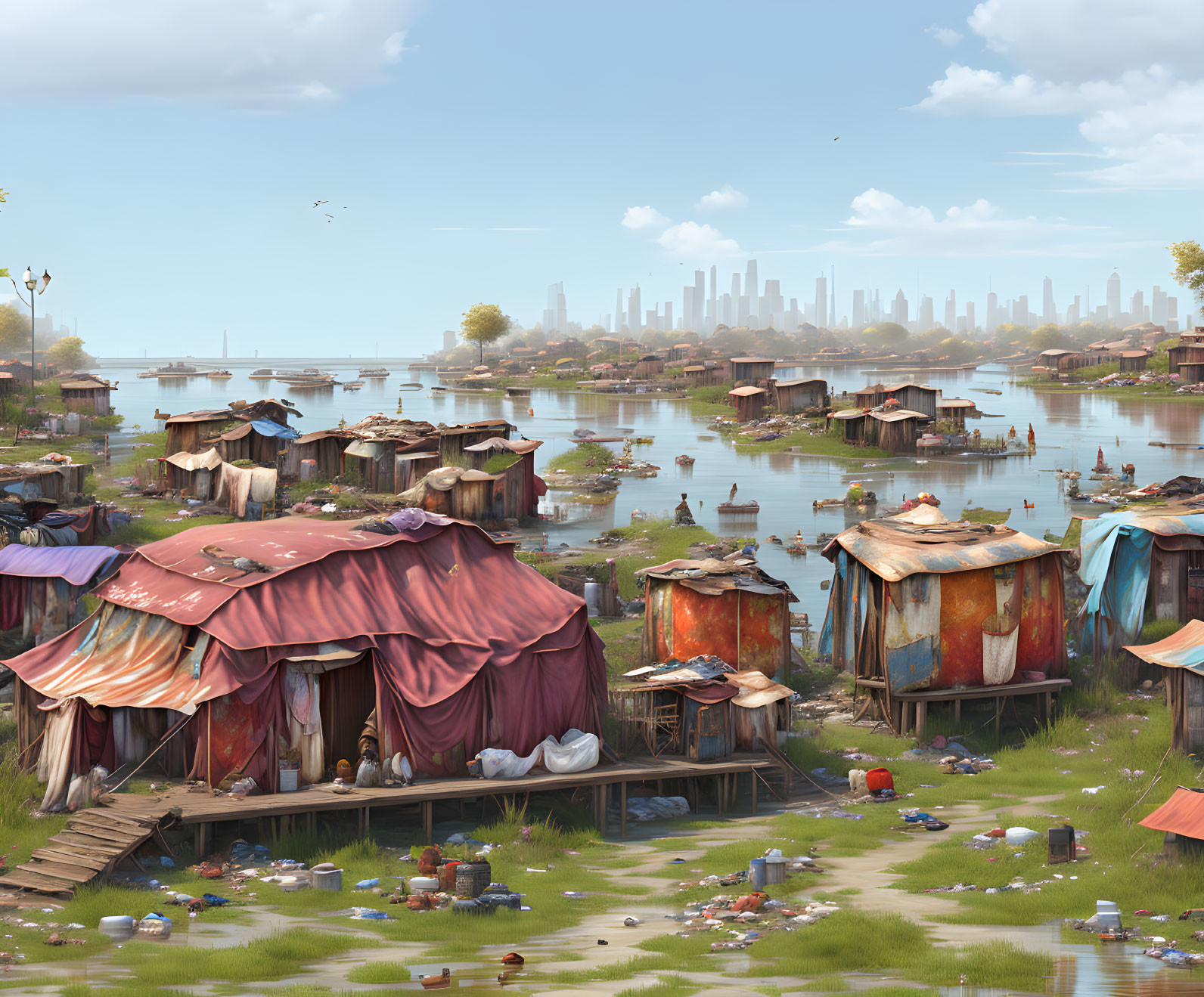 Detailed artwork: Shantytown on water with modern city skyline