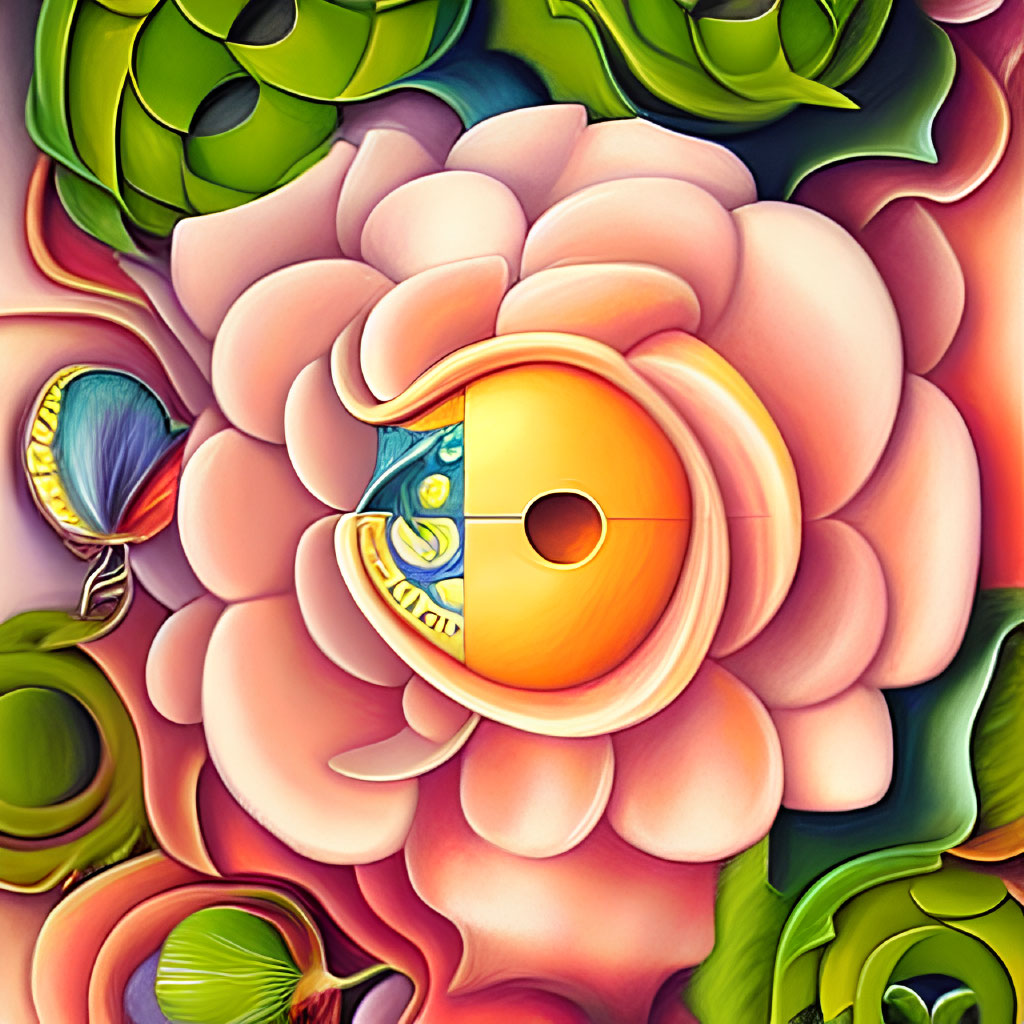 Colorful Abstract Digital Artwork Featuring Flower Forms and Eye Design