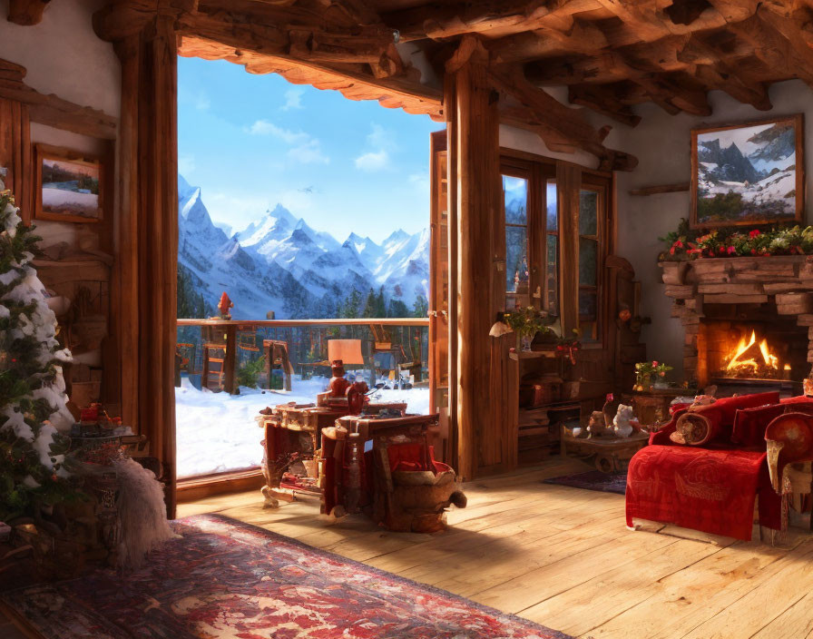 Mountain cabin interior with fireplace, festive decor, and snowy peaks view