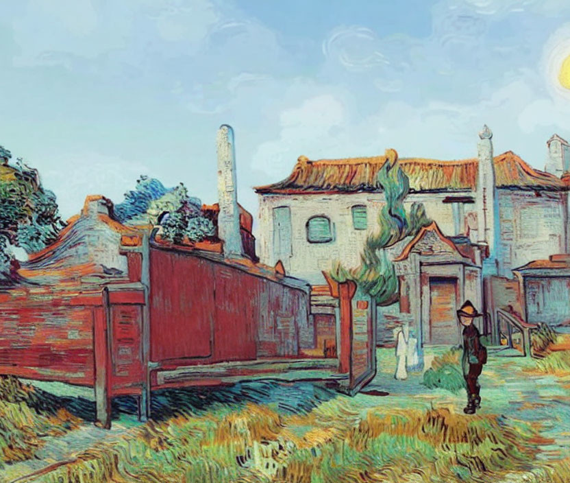 Van Gogh-style painting: Figure walking by fence, quaint buildings, smoking chimney, vibrant blue sky