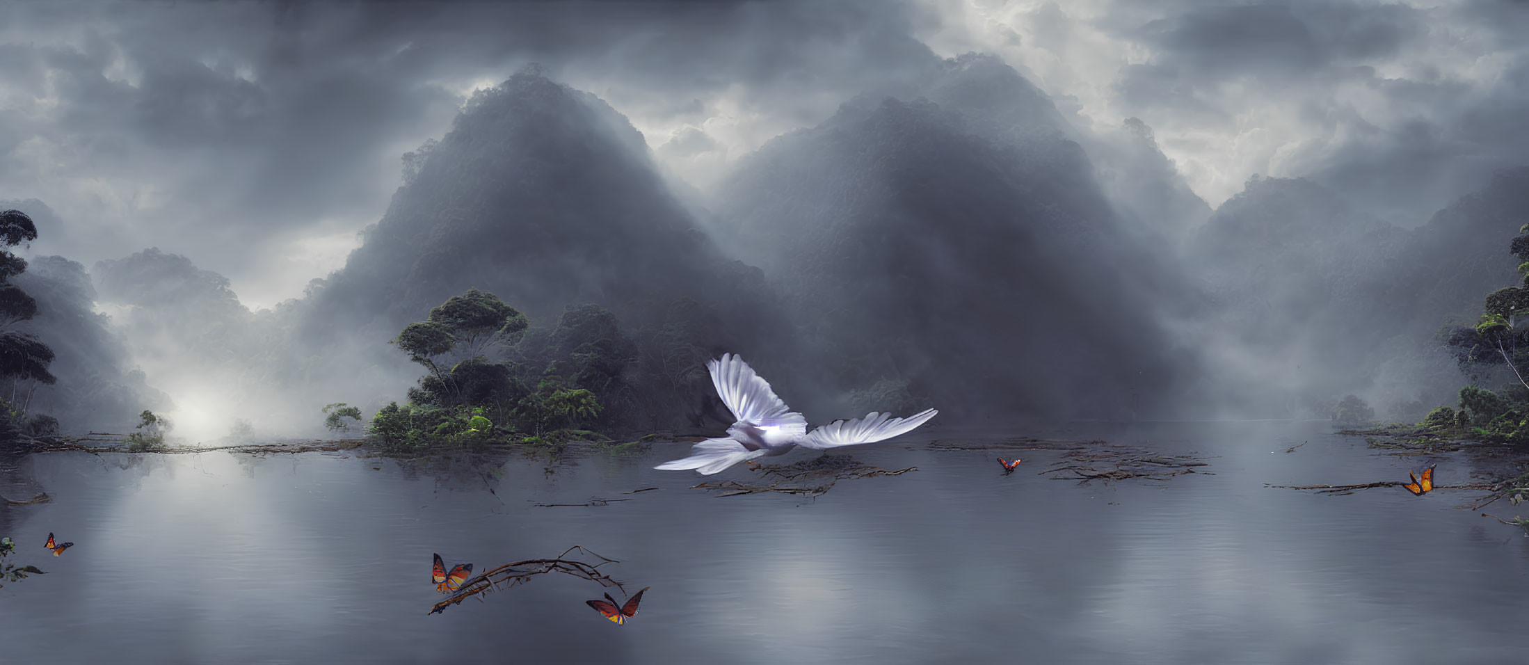 Tranquil Landscape: Misty Mountains, Reflective Lake, Trees, White Bird, Flowers