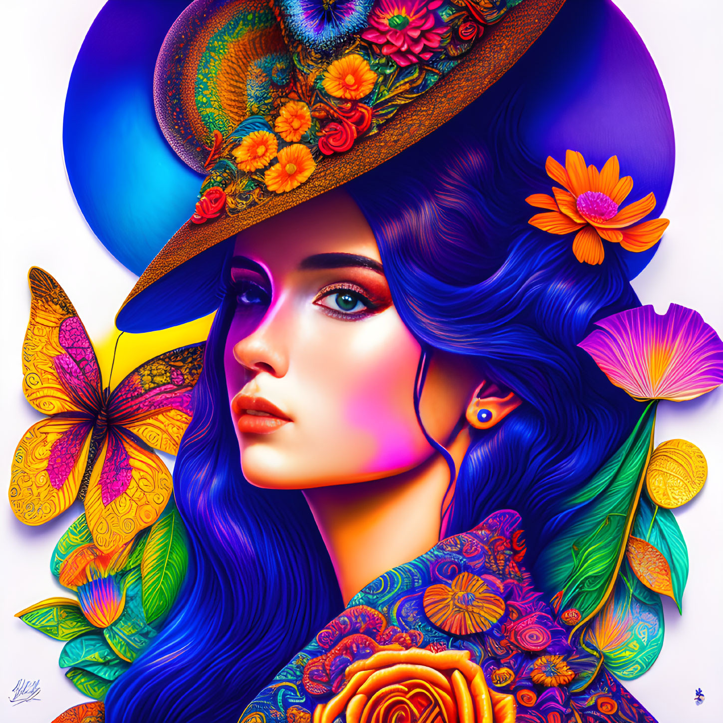 Colorful digital artwork: Woman with blue hair, floral hat, flowers, butterflies.