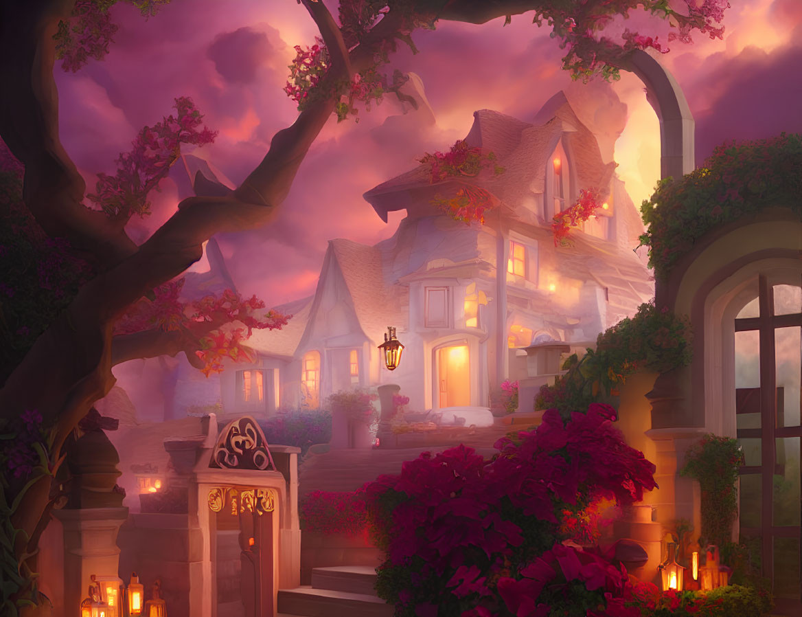 Enchanting cottage in purple tree forest at twilight