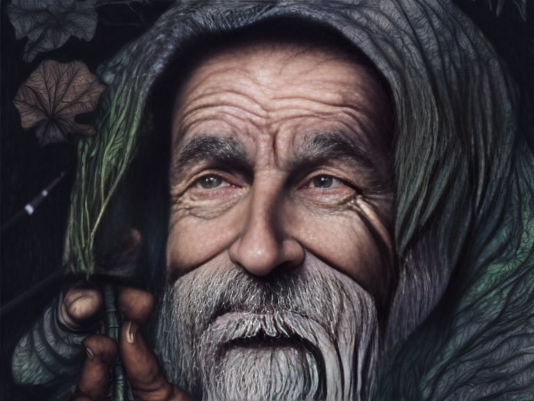 Elderly Man with Thick Beard and Pipe Surrounded by Leaves