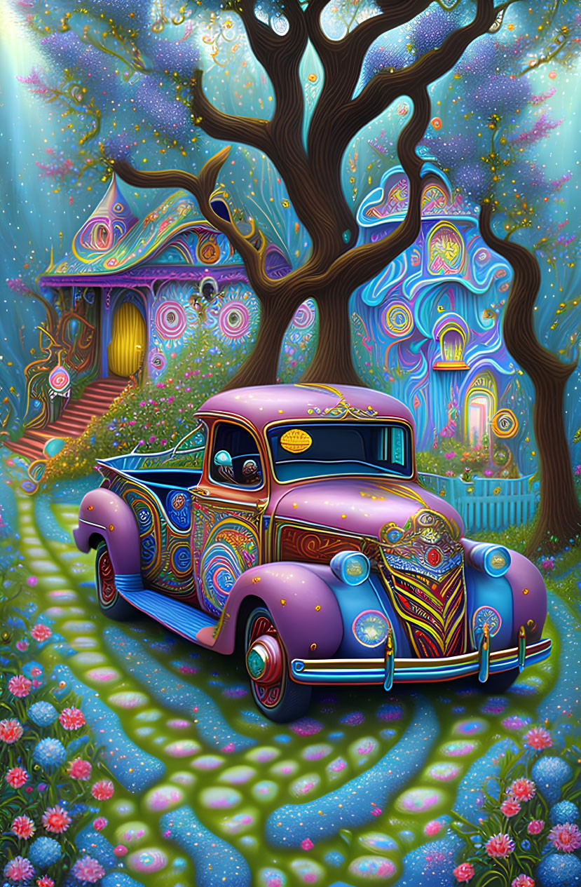 Whimsical vintage-style purple pickup truck illustration on cobblestone path