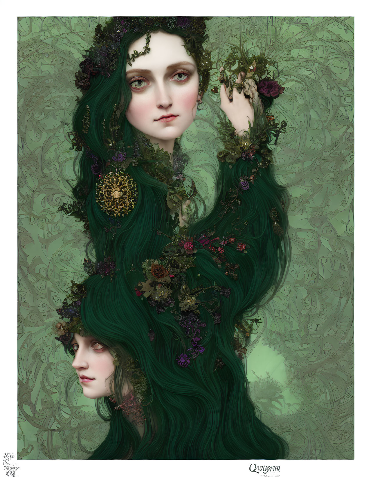 Digital artwork featuring two women with long green hair and floral adornments.