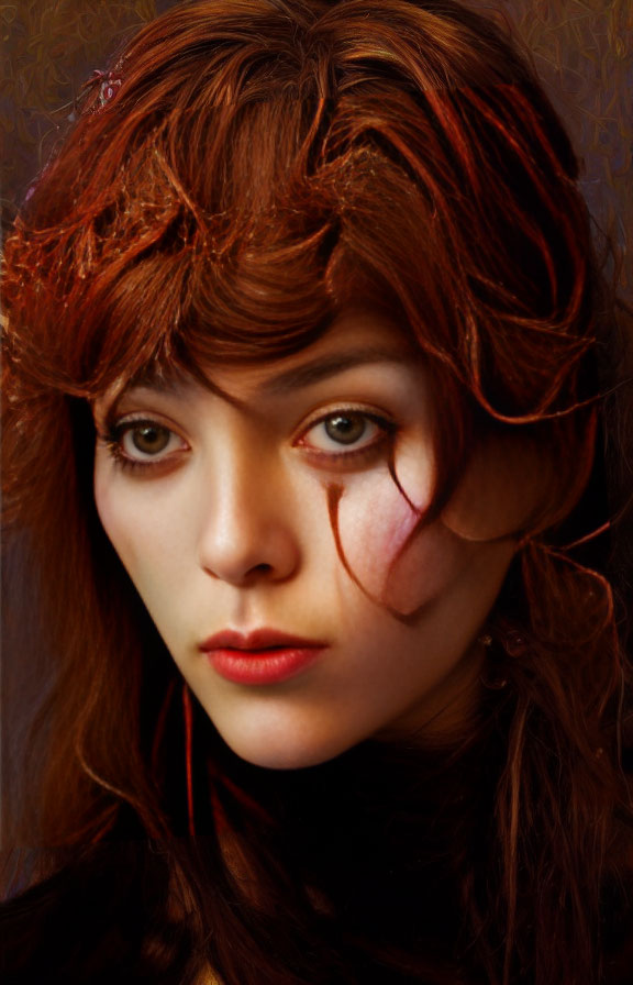 Woman with flowing red hair and striking eyes in soft light portrait.