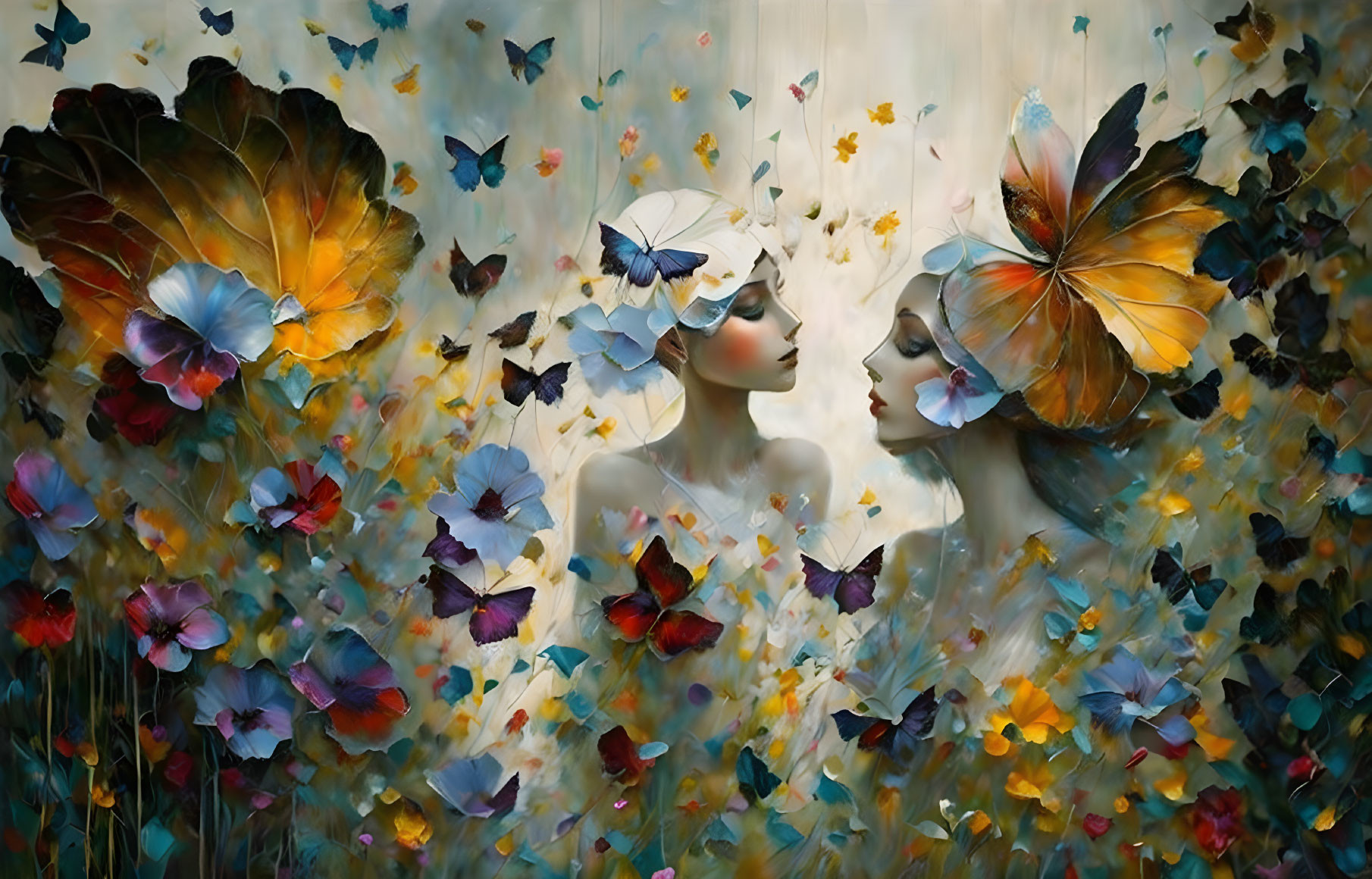 Ethereal figures with butterfly-covered eyes in vibrant floral scene