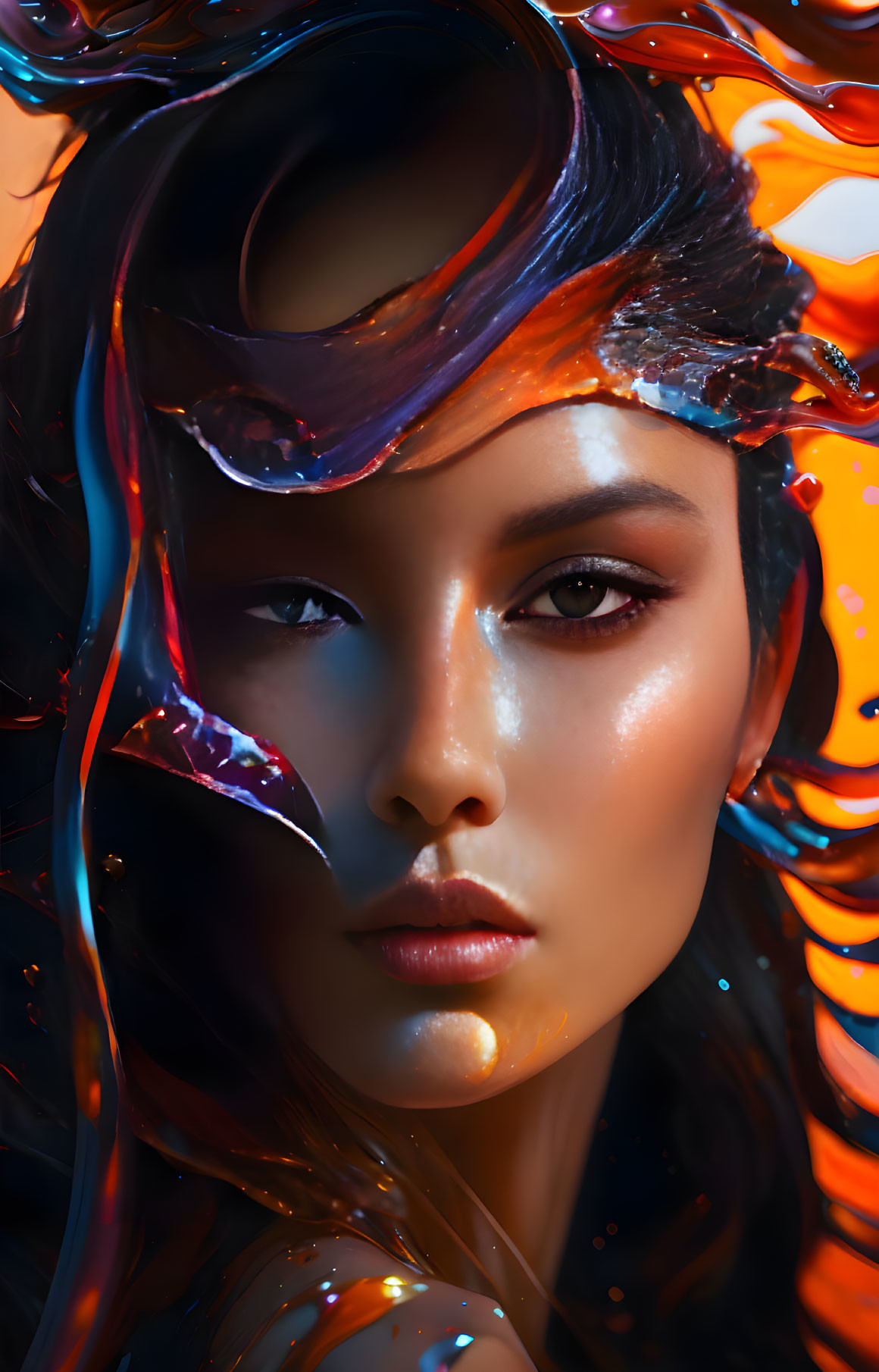 Dynamic digital artwork: Woman surrounded by orange and purple swirls