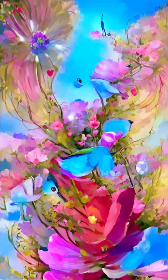 Colorful Digital Painting of Flowers, Birds, and Butterflies