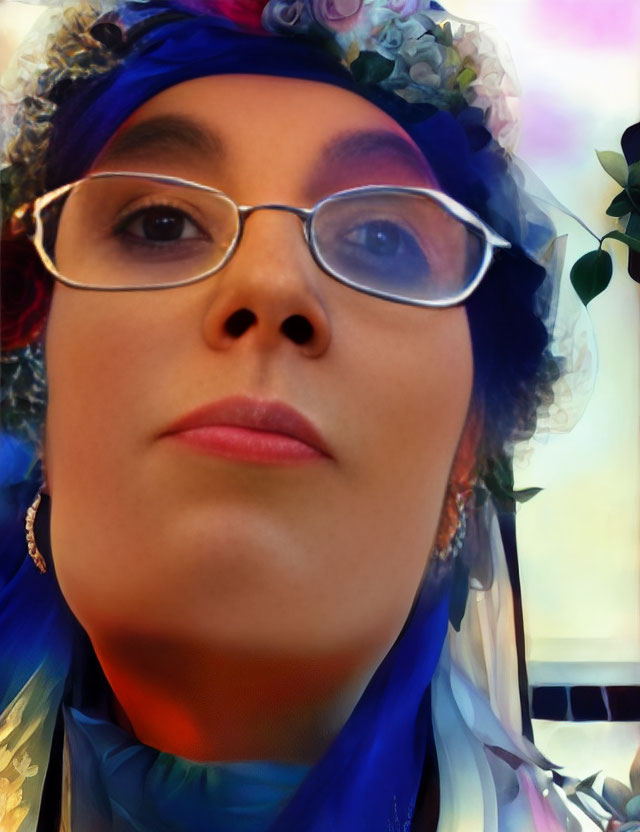 Woman in glasses with blue headscarf and floral headdress gazes thoughtfully.