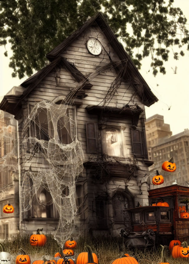 Spooky two-story house with Halloween decorations and bats under gloomy sky