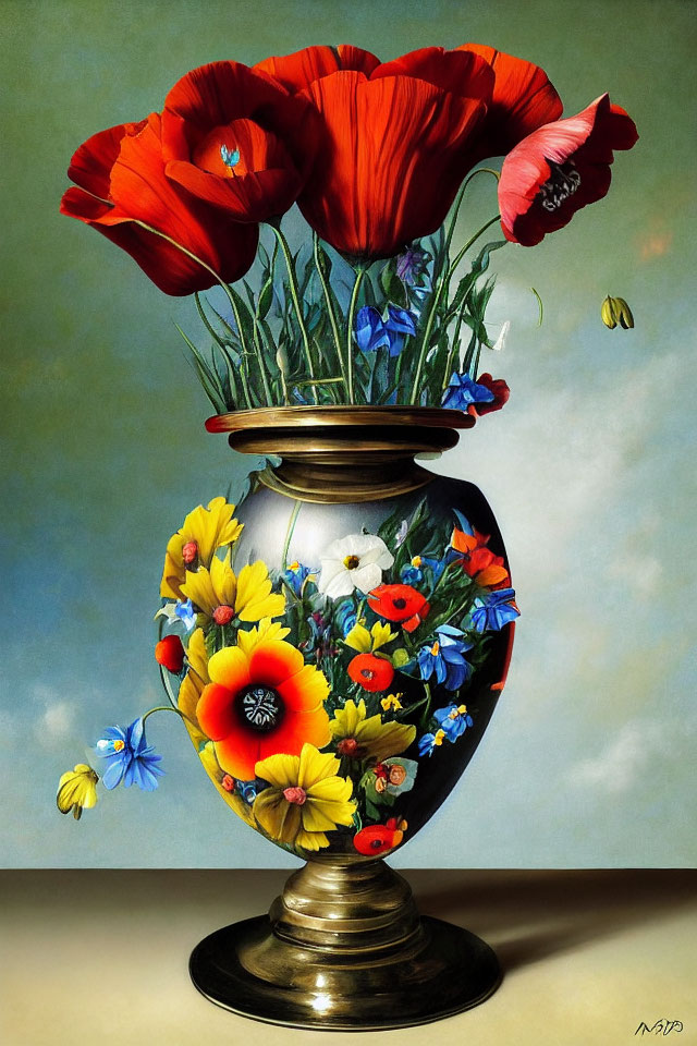 Vibrant Flower-filled Vase with Butterfly and Bee on Sky-like Background