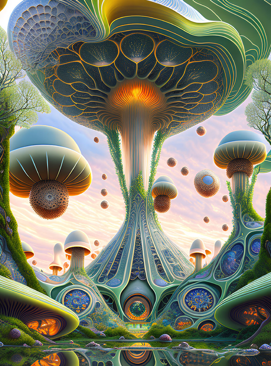 Surreal landscape with giant mushroom structures in lush green environment