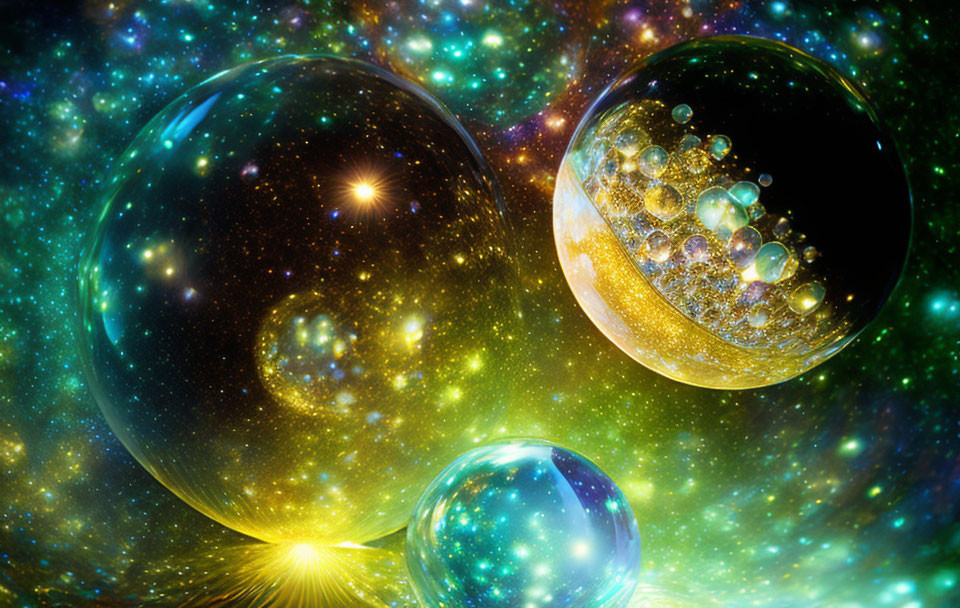 Colorful Cosmic Scene with Translucent Orbs and Luminous Spheres