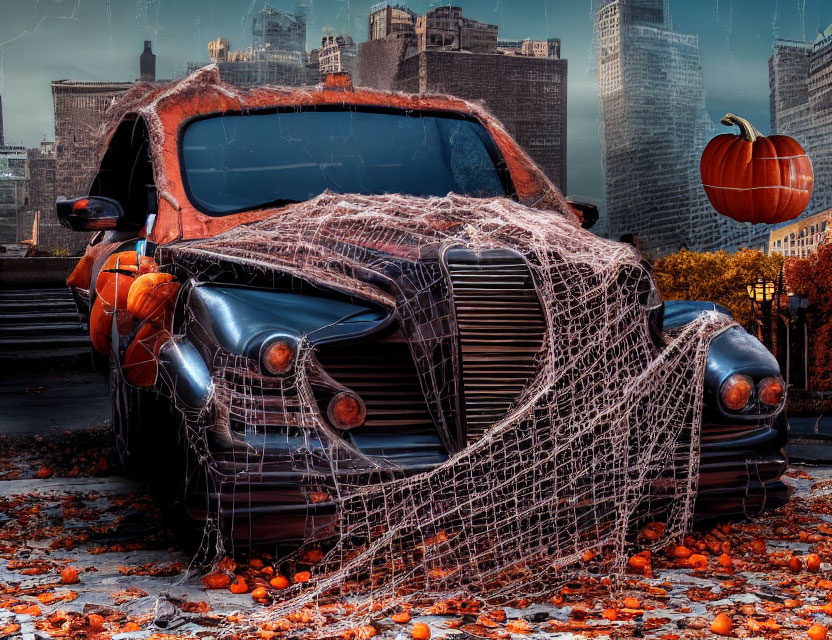 Rusted car with spider webs, pumpkins, and autumn leaves against urban skyline