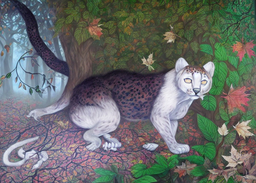 Fantasy creature with big cat body and human-like face in colorful forest