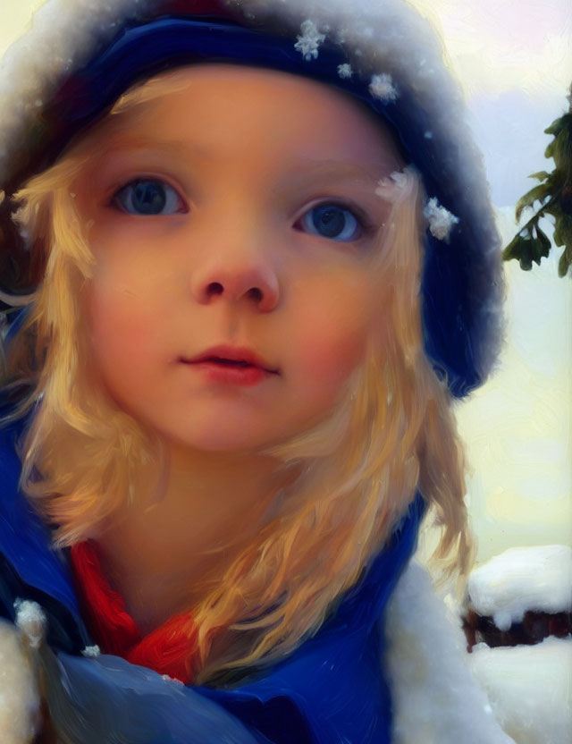 Young child in winter hat, blonde hair, blue eyes, gazing with snowflakes.