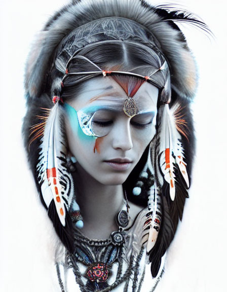 Person with closed eyes in native headdress with feathers and metallic eyepiece