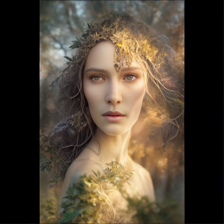 Woman with leaf crown in serene nature setting under soft sunlight