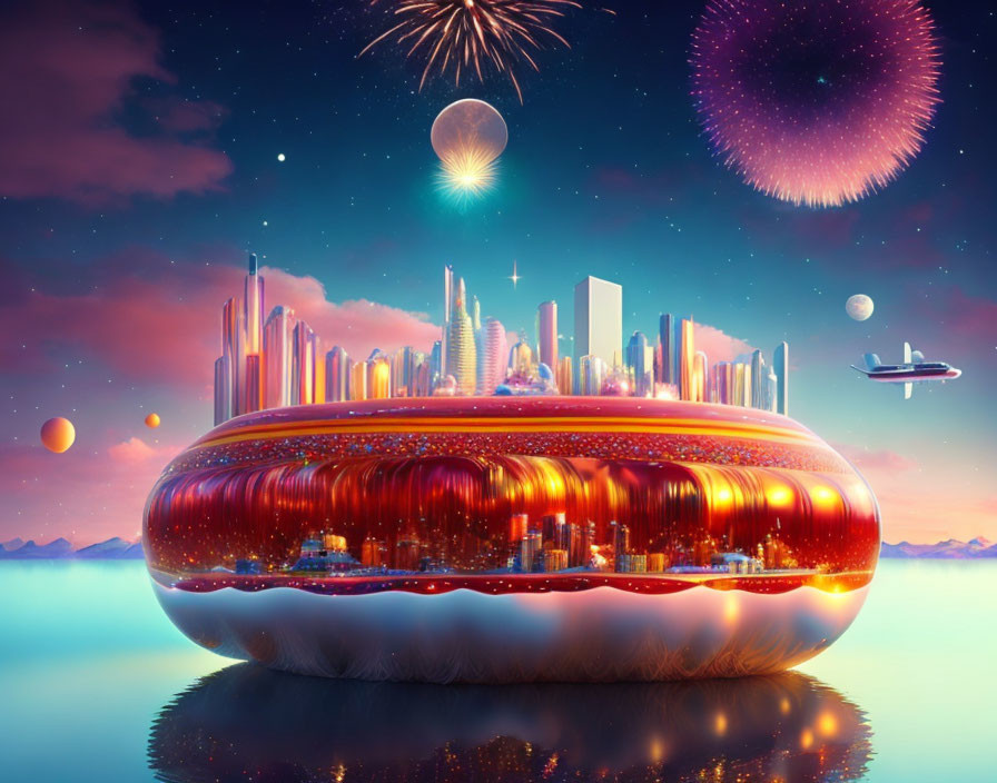 Futuristic city on floating platform at twilight with fireworks and flying vehicle