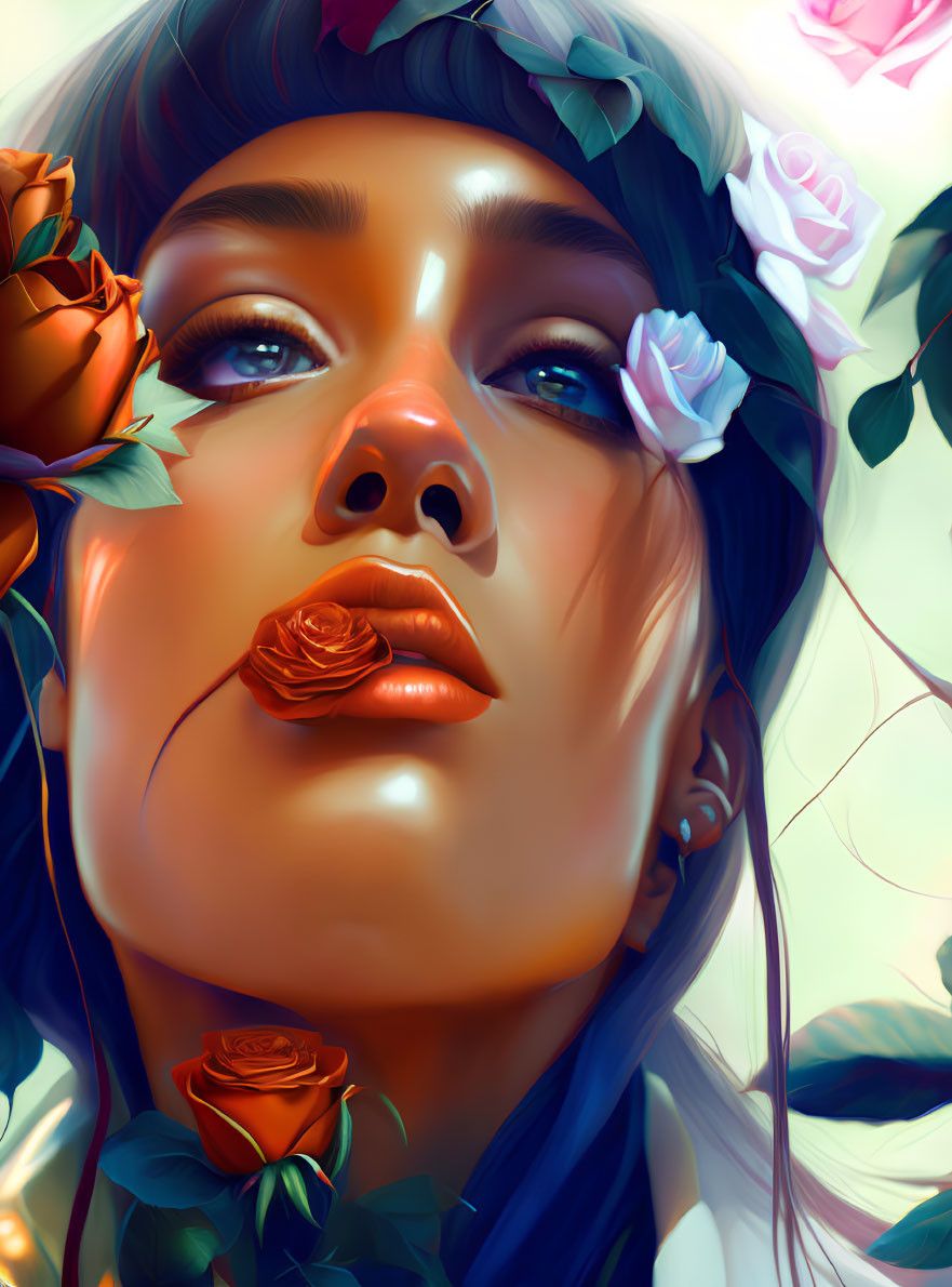 Digital illustration: Woman with ethereal gaze and floral adornments