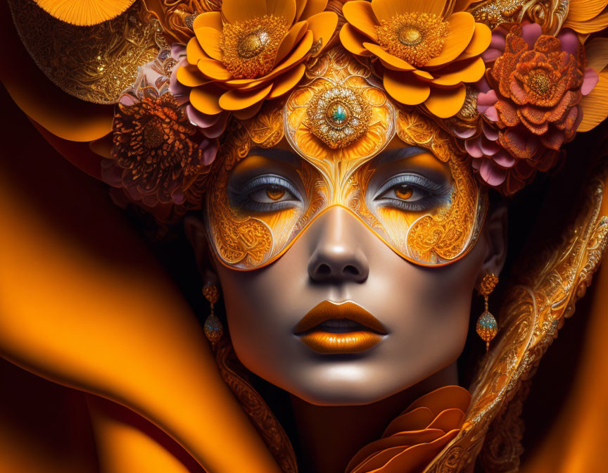 Close-up of woman with golden-orange floral headdress and ornate mask exuding mystery and elegance