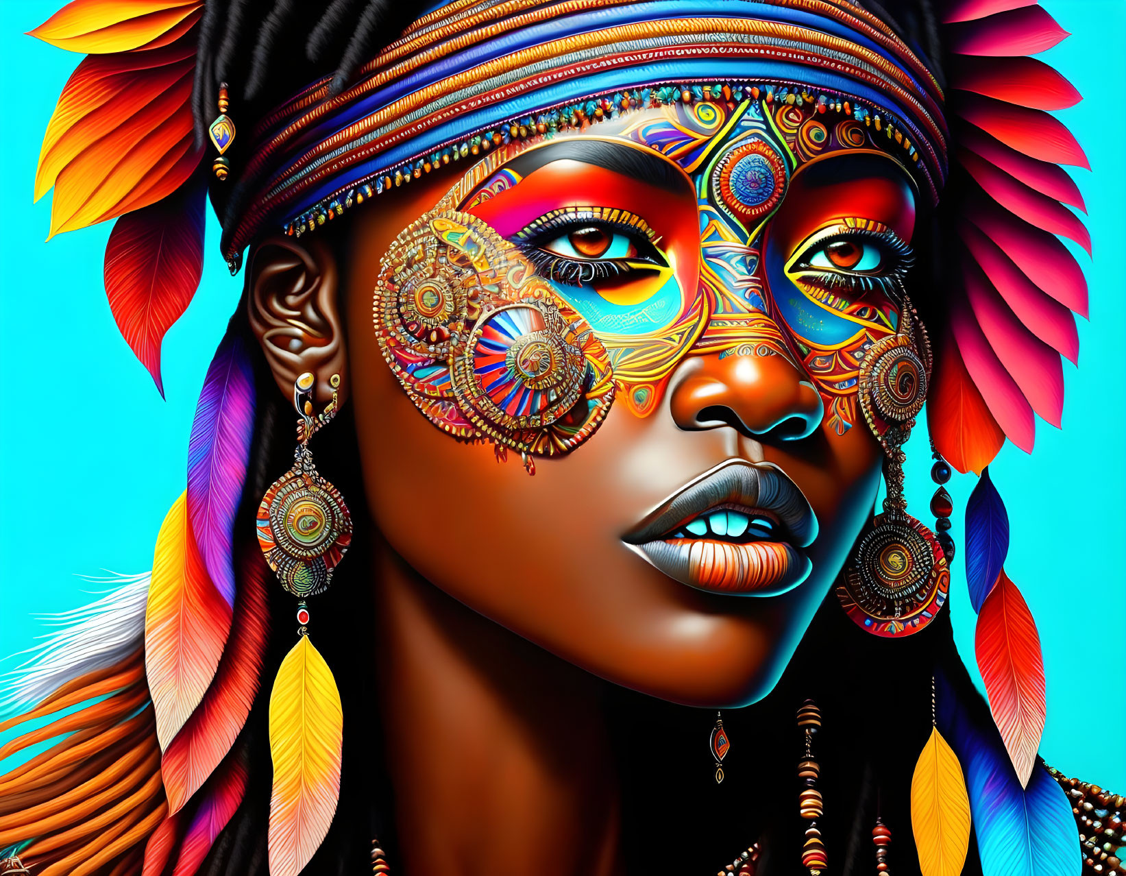 Colorful digital artwork of woman with intricate patterns and feathers.