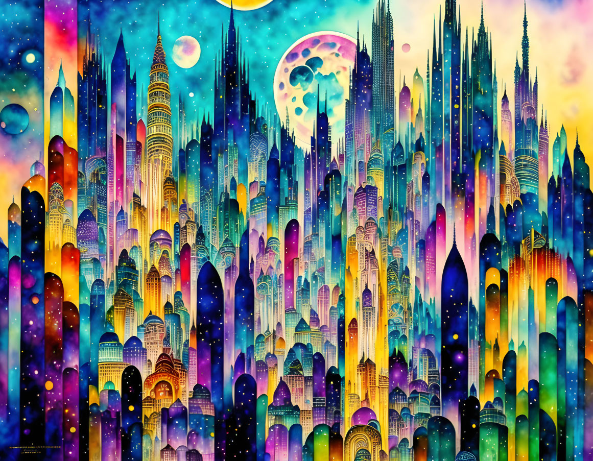 Colorful illustration: Fantastical cityscape under cosmic sky