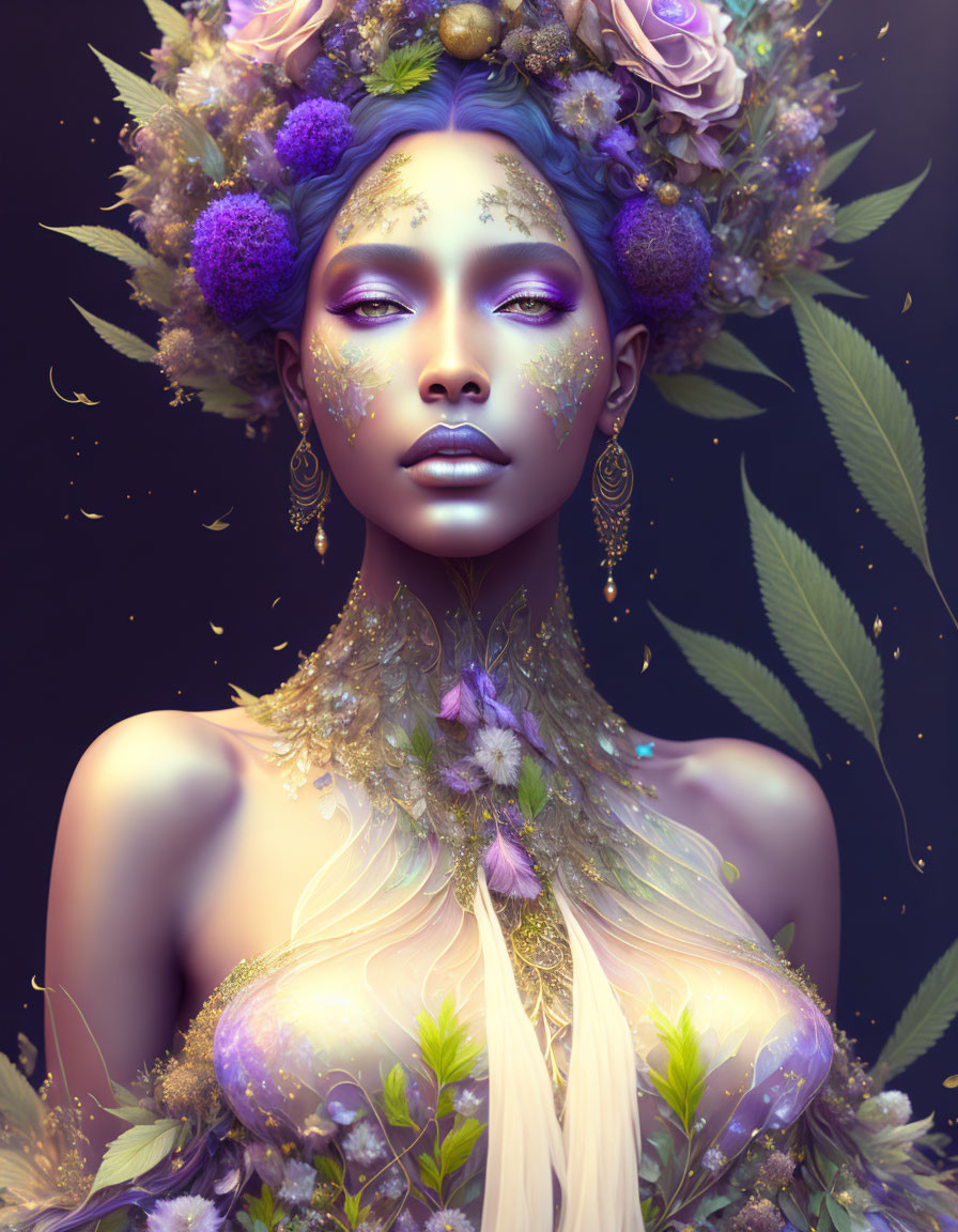 Digital portrait of woman with vibrant floral adornments and golden makeup