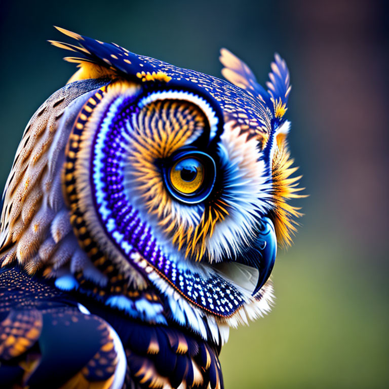 Stylized owl with vibrant blue and orange patterns and expressive eyes