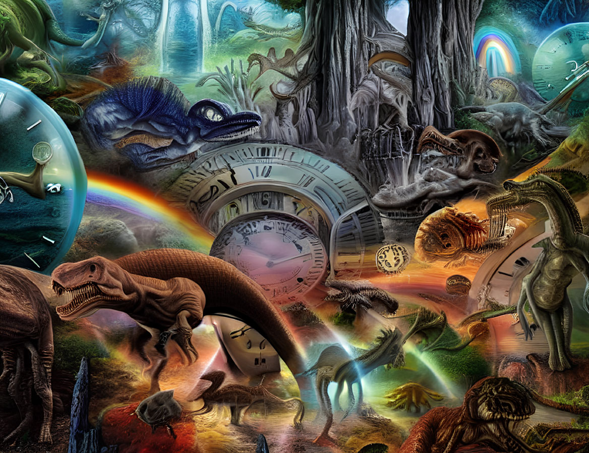 Surreal collage with dinosaurs, clocks, and ethereal elements