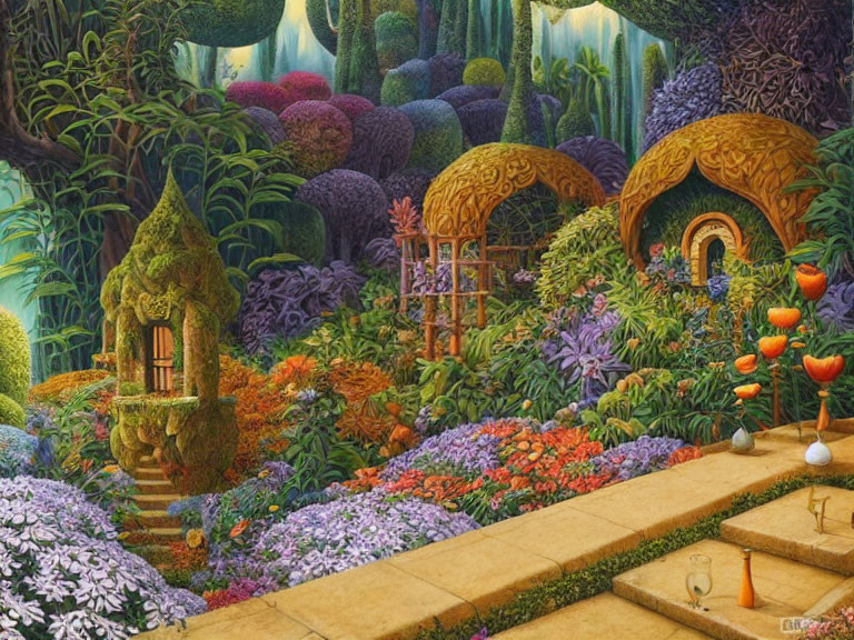 Colorful Fantastical Garden with Whimsical Structures and Unique Flora