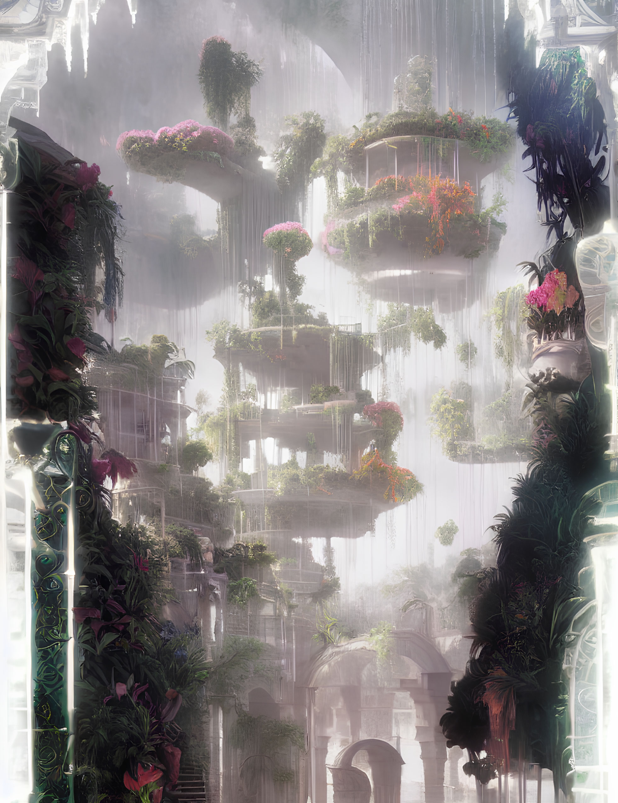 Ethereal cityscape with tiered gardens and pink flora in misty architecture