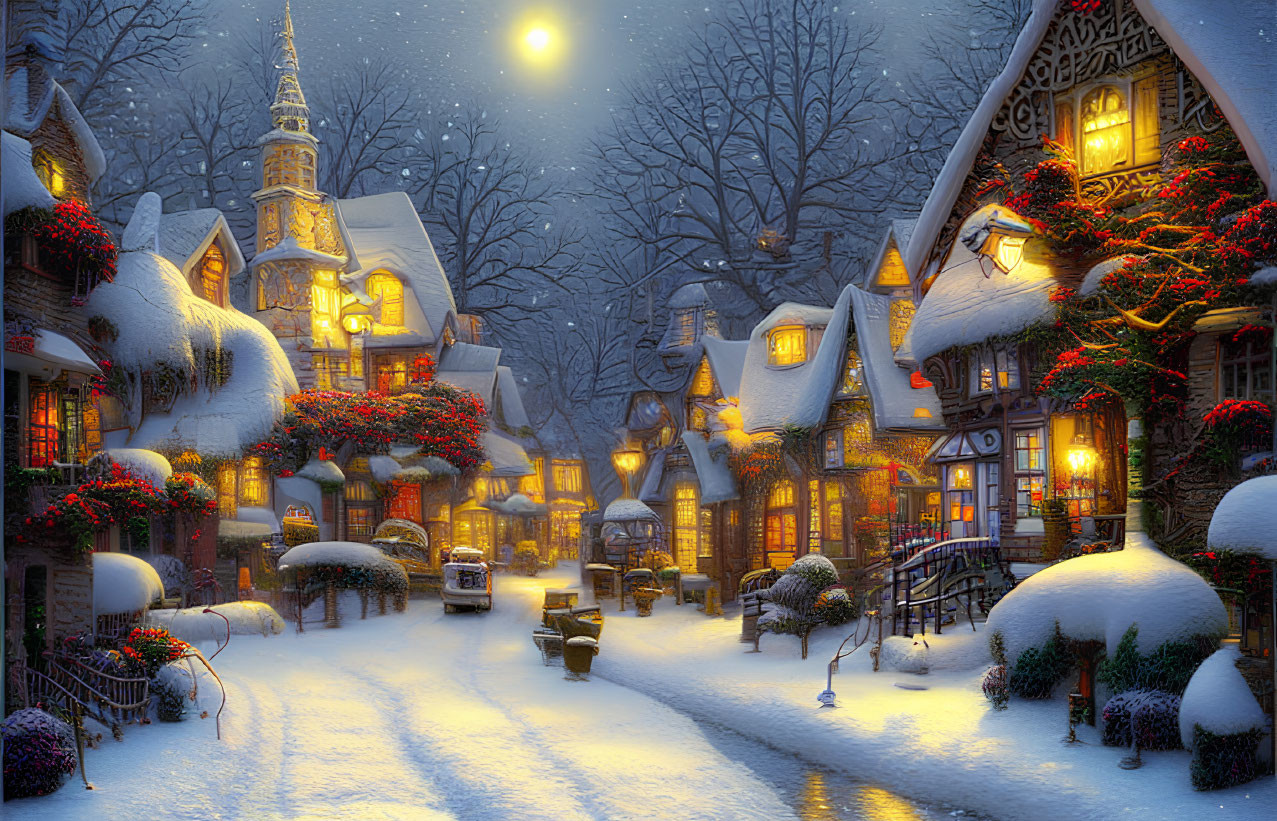 Snow-covered village at twilight with festive decorations and gentle snowfall