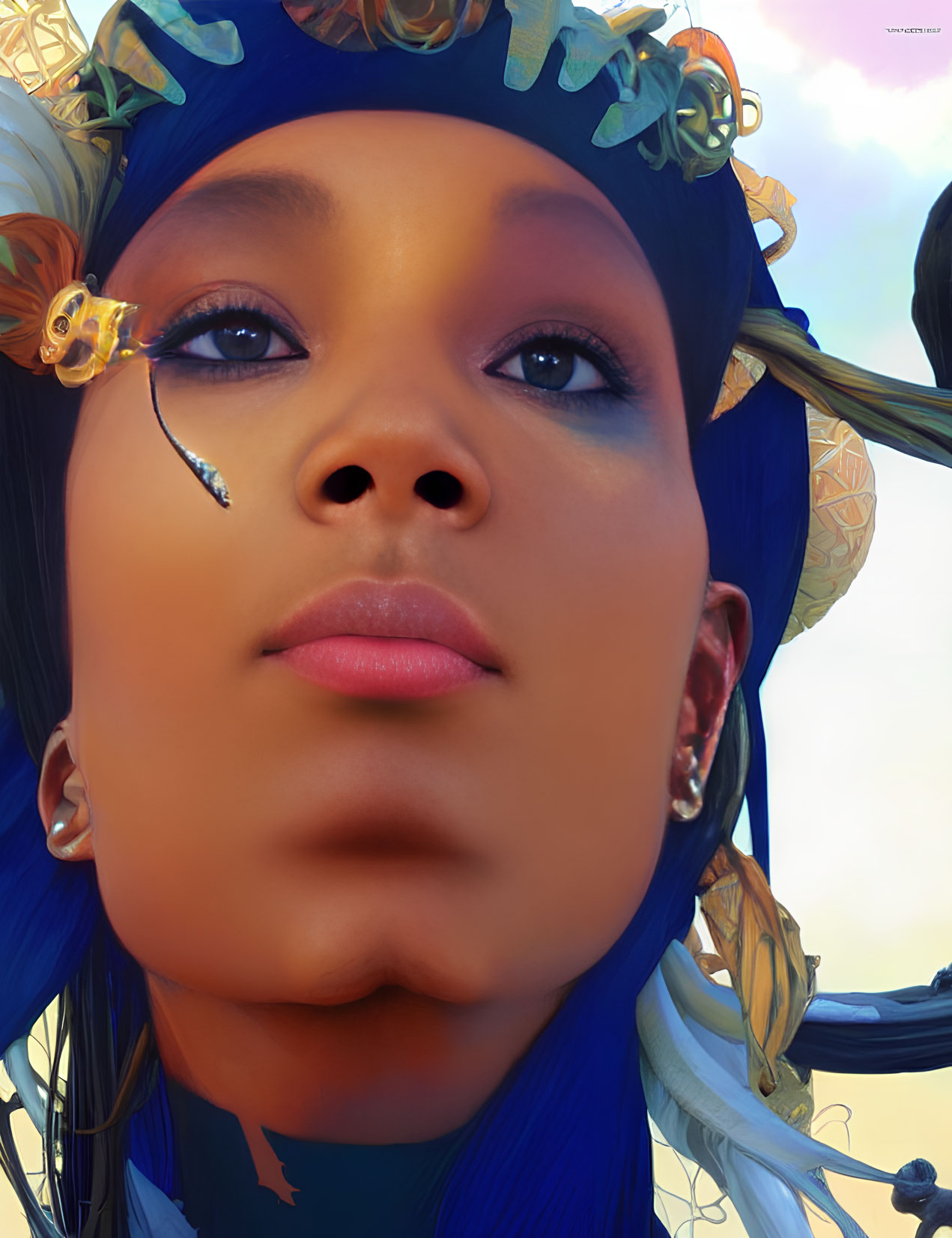 Woman with Blue Hair and Bee on Nose in Headscarf and Earrings against Sky