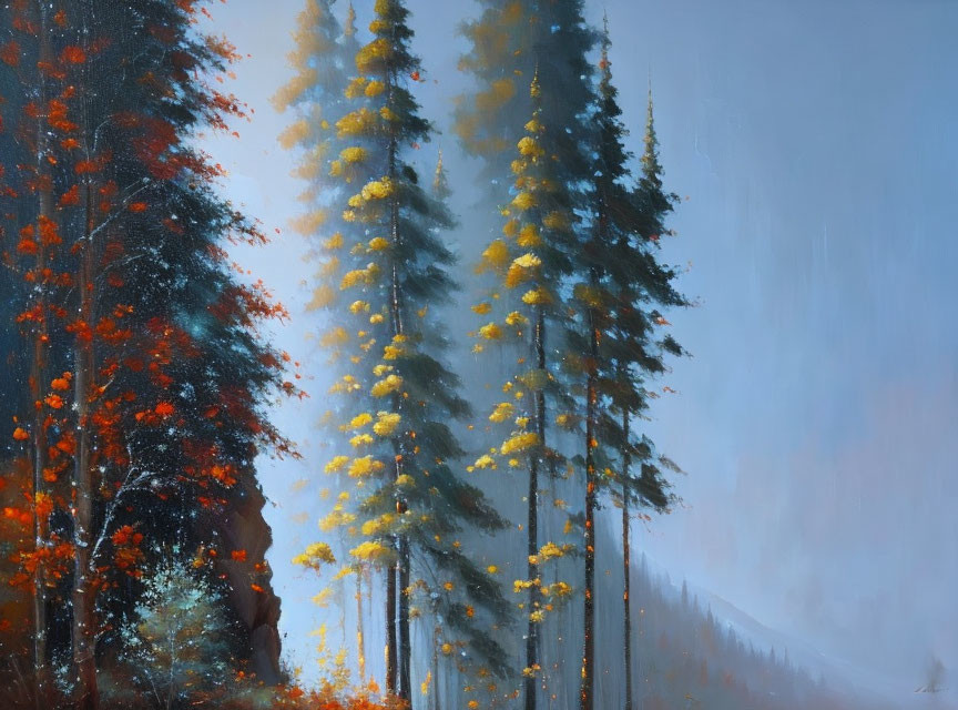 Autumnal forest painting: tall evergreen trees under hazy blue sky