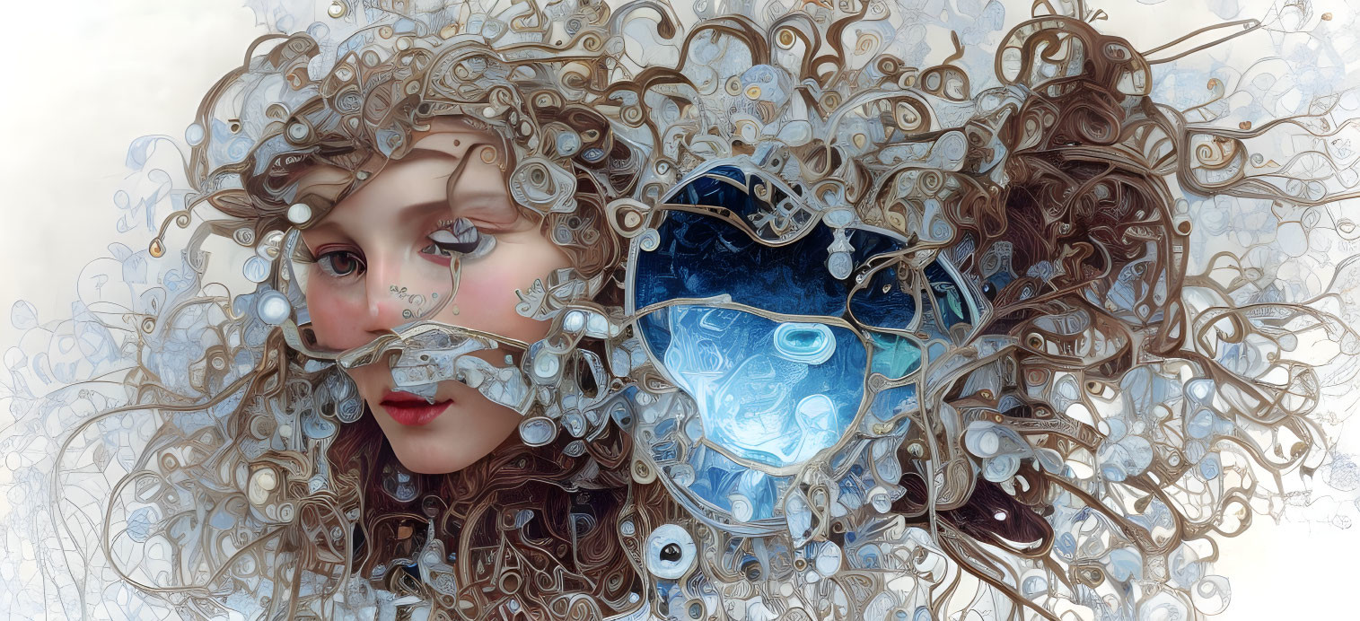 Intricate surreal portrait of a woman with metallic curls and cogs in her hair.
