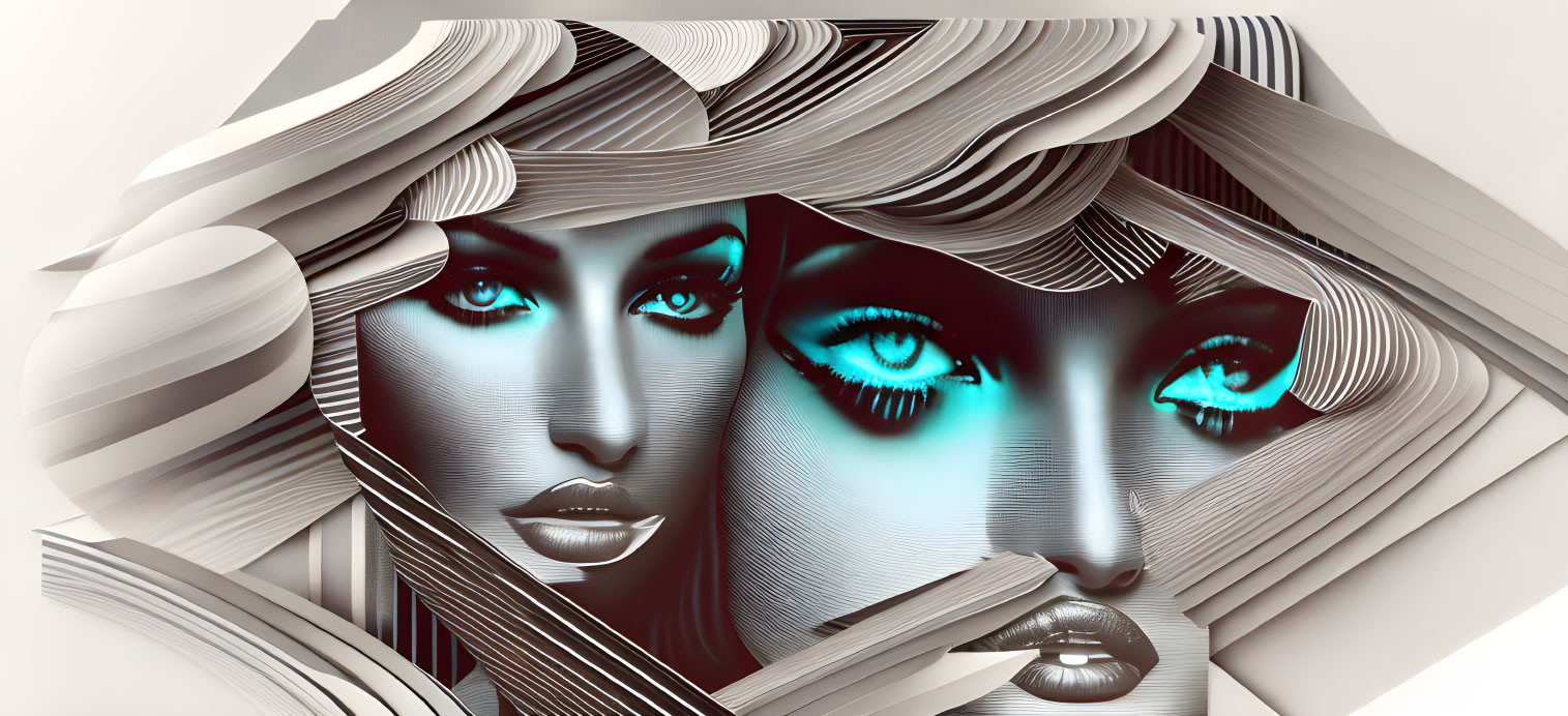 Monochromatic digital art: stylized female portrait with blue eyes and abstract ribbons