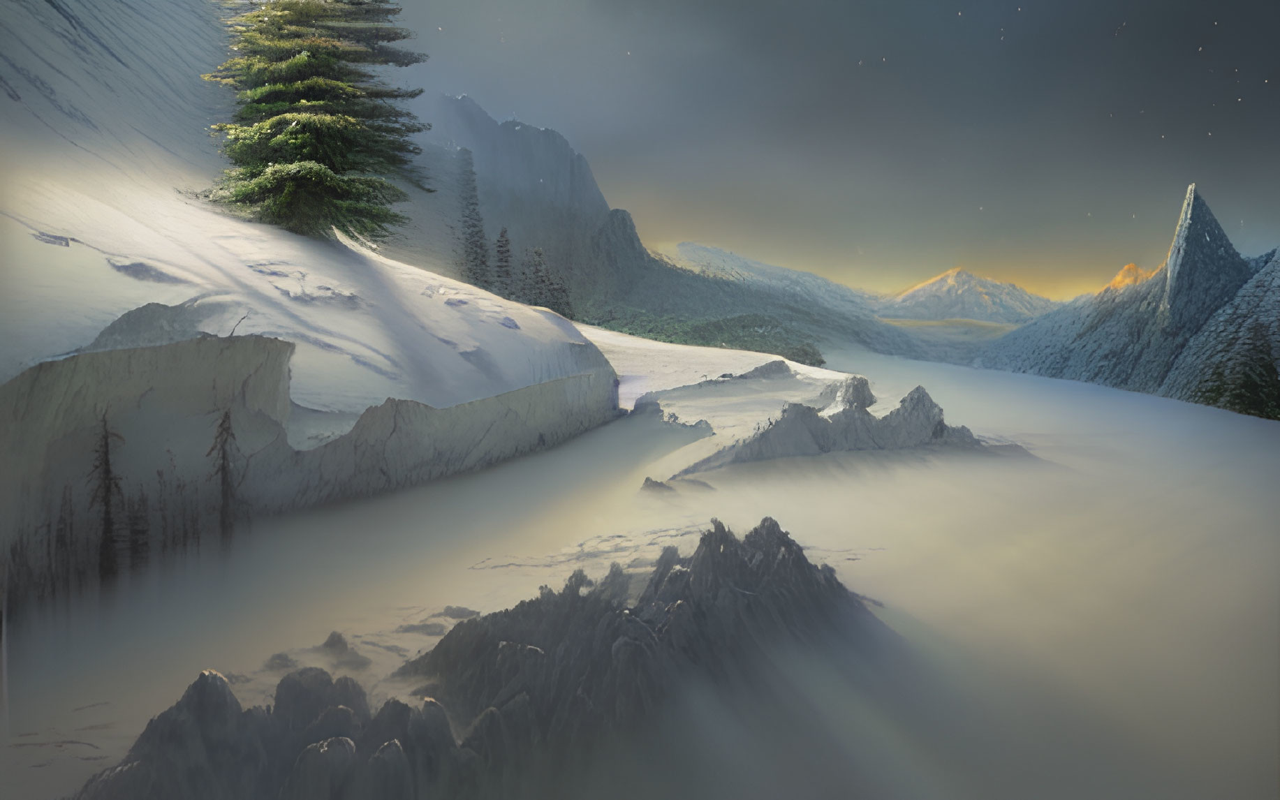 Snowy landscape at dusk: Evergreen trees, frozen river, rugged cliffs, starry sky