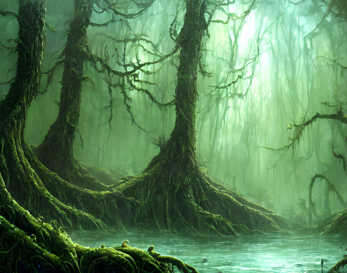 Enchanting green forest with twisted trees and tranquil water under hazy light