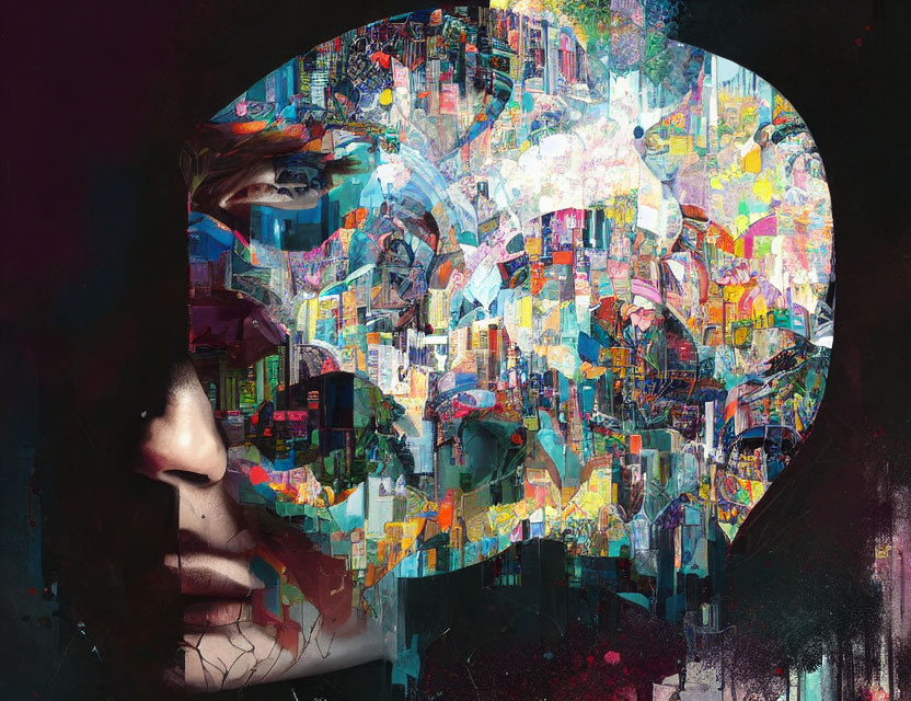 Colorful urban landscape collage in silhouette of face with abstract elements.